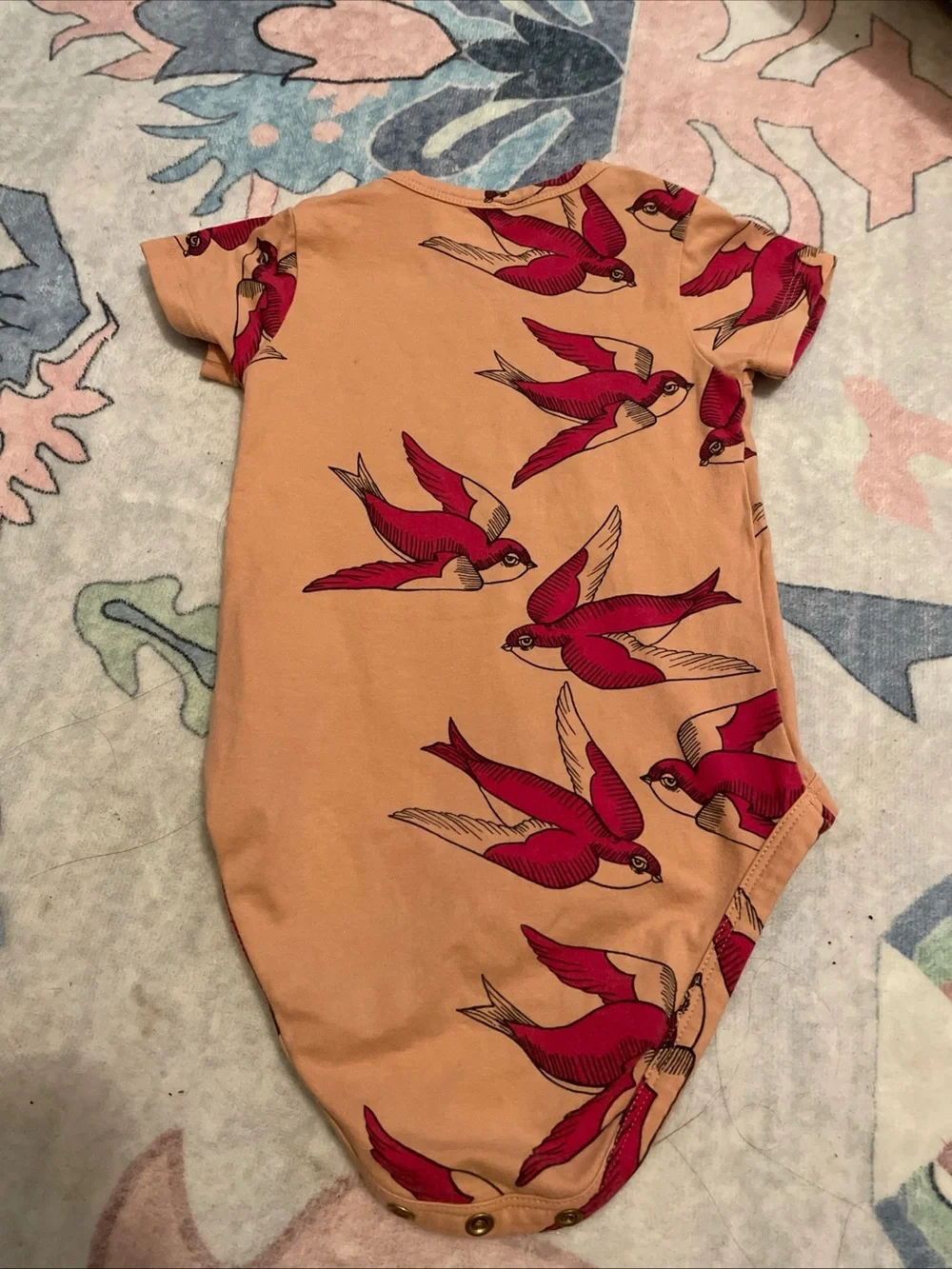 Mini Rodini Peach Bodysuit with Red Bird Print